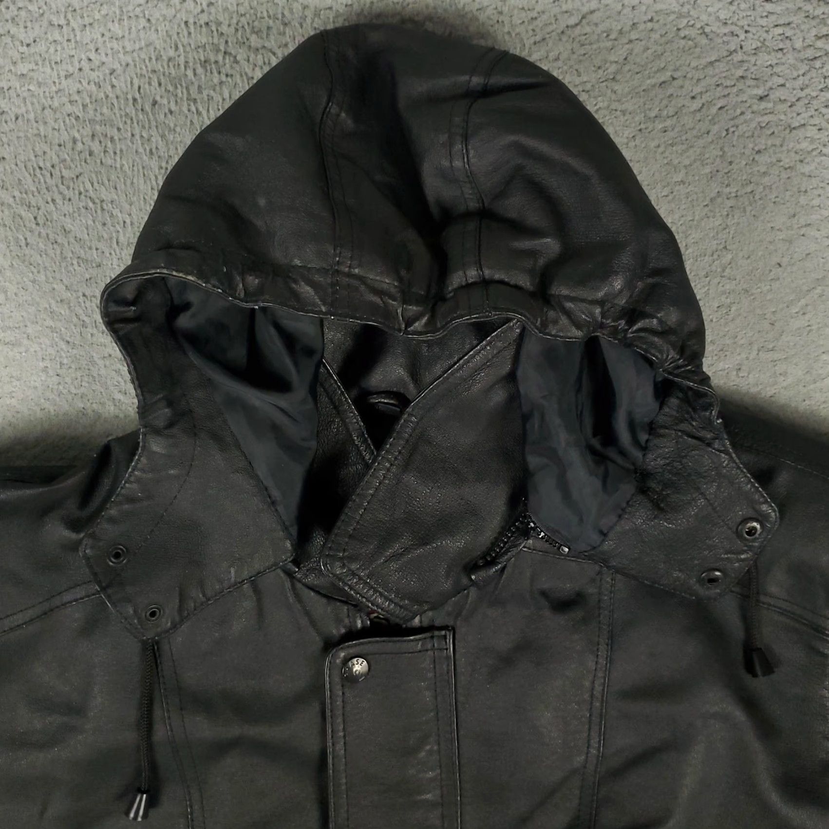 Vintage Phase 2 Jacket Mens Large Leather Hooded Parka Pockets Zipless No Zipper Black Size US L / EU 52-54 / 3 - 2 Thumbnail