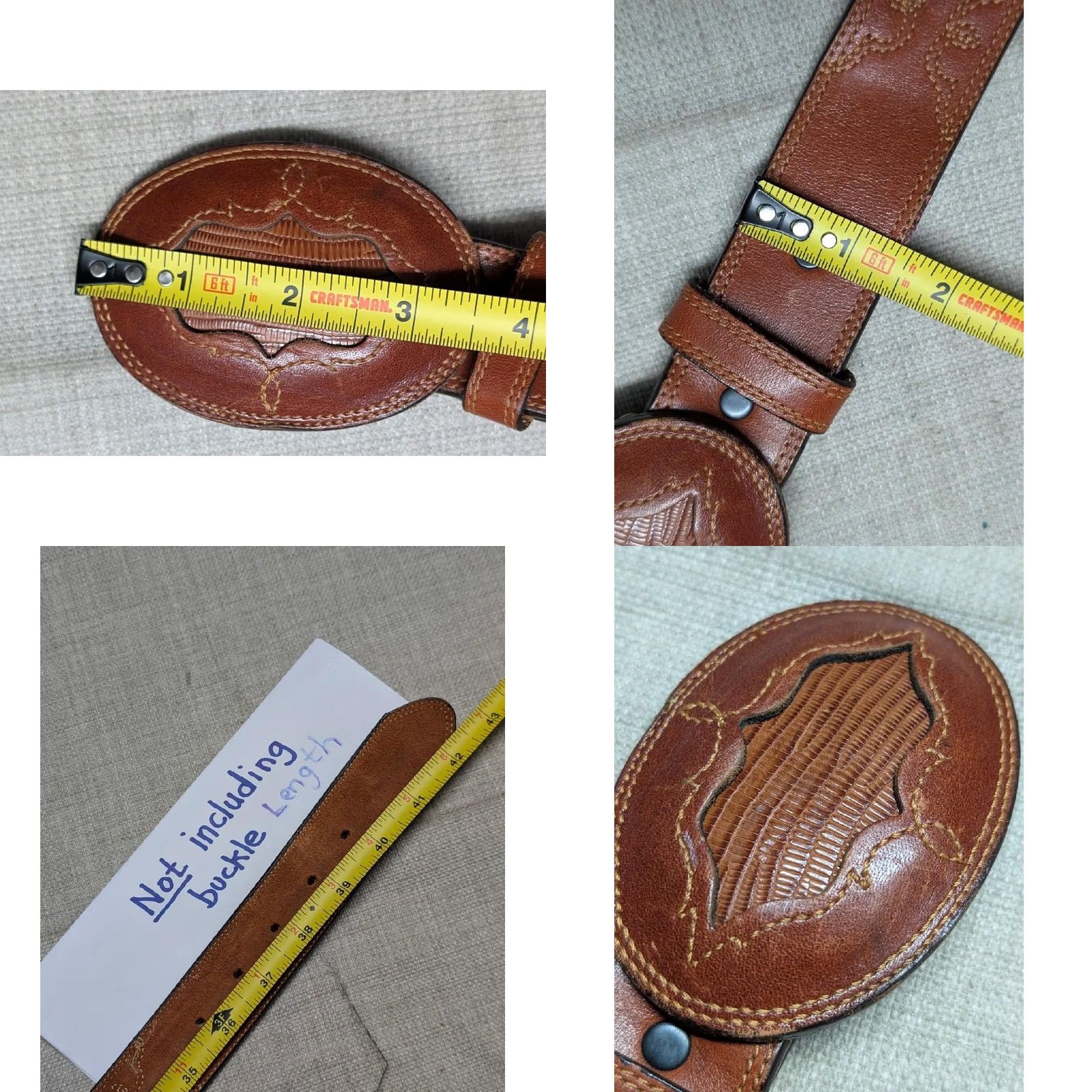 Vintage VINTAGE WESTERN belt LIZARD buckle USA made brown 38 leather COWBOY belt Men Buckle inlay Stitched 1-1/2" width Size 38 - 9 Thumbnail