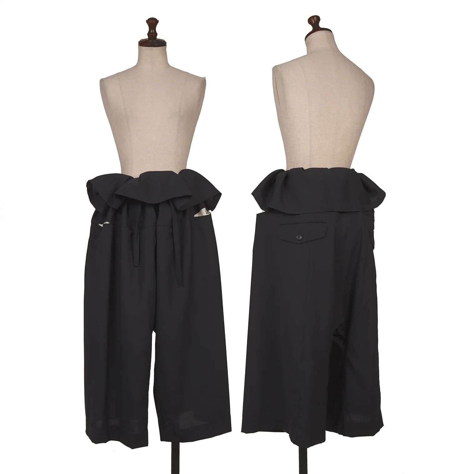 Wool Gathered Design Wide Cropped Pants in Navy Size M