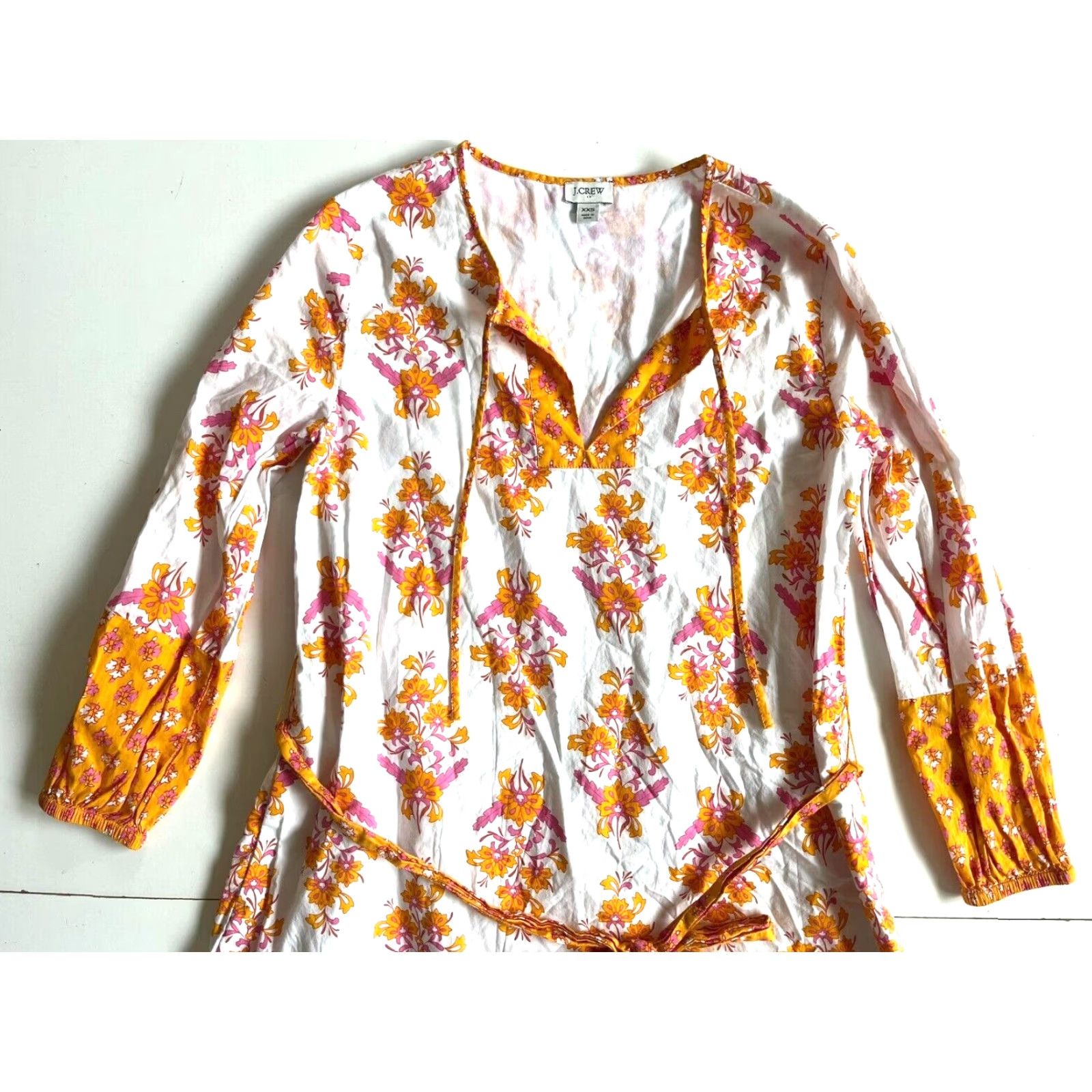 J.Crew VINTAGE J.CREW Dress Pocket Floral 100% Cotton Tunic Shirt Dress XXS Women Long Sleeve White Orange Pink Size XXS / US 00 / IT 34 - 4 Thumbnail