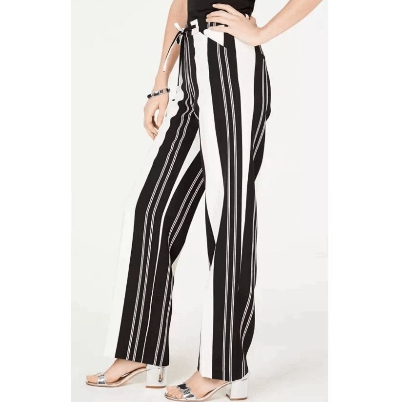I.N.C INC NWT Black Striped Drawstring Black/White Wide Leg Pants, Size 27" / US 4 / IT 40 - 2 Thumbnail