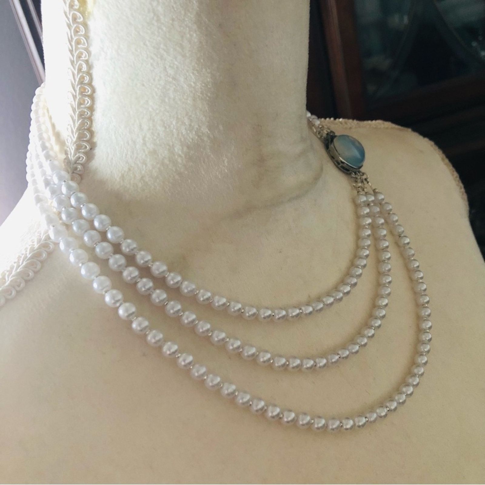 Handmade Handcrafted triple strand white pearl opalite clasp necklace Size ONE SIZE - 3 Thumbnail