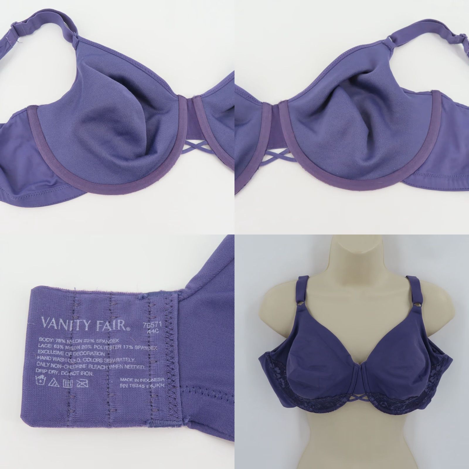 Vintage Vanity Fair Bra 44C Smoothing Back Underwire Unlined Purple Blue T-Shirt Bra Womens Size ONE SIZE - 8 Thumbnail
