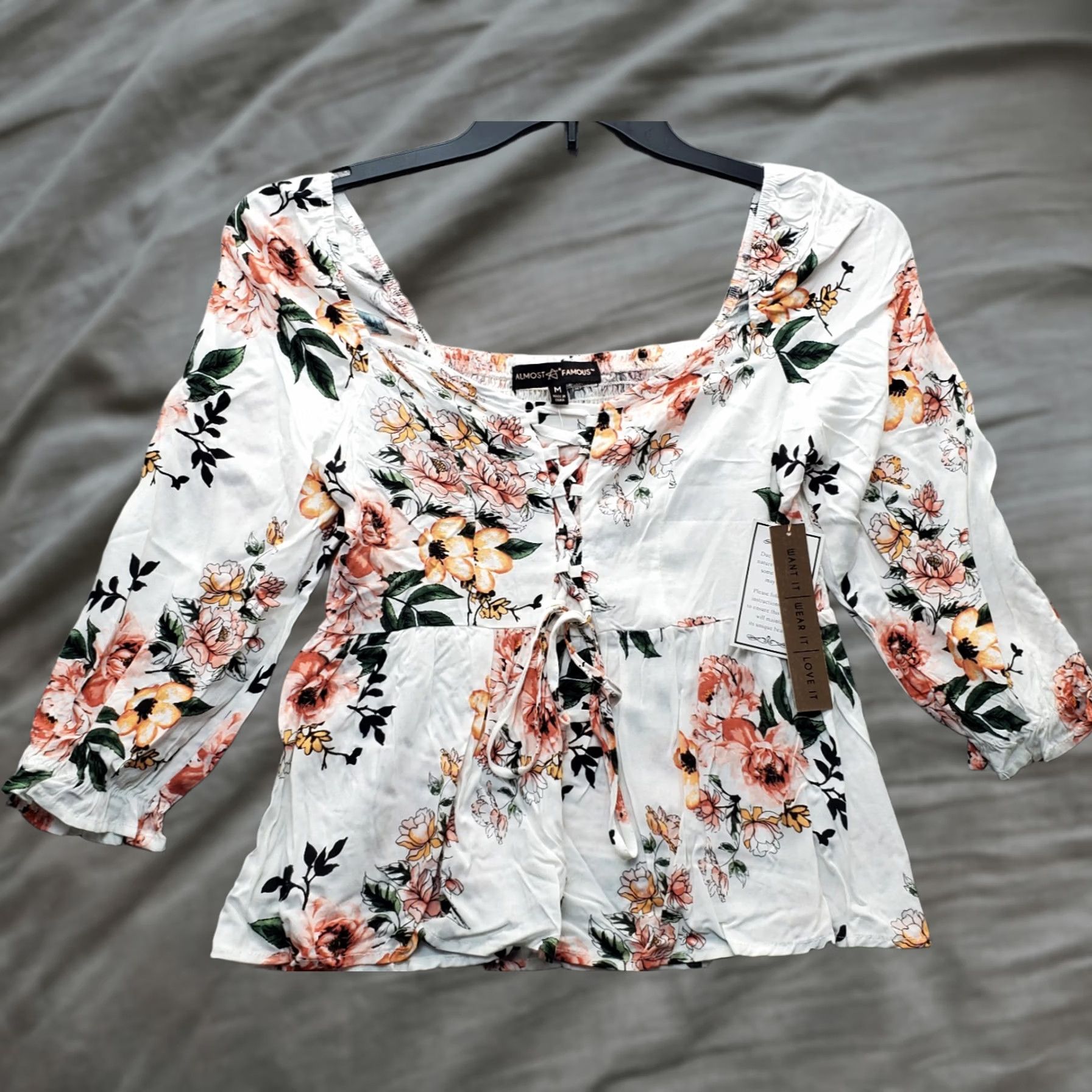 Almost Famous Almost Famous Blouse Womens Medium Multicolor Floral Off the Shoulder Lace Up Front Shirt Womens Size M Size M / US 6-8 / IT 42-44 - 1 Thumbnail
