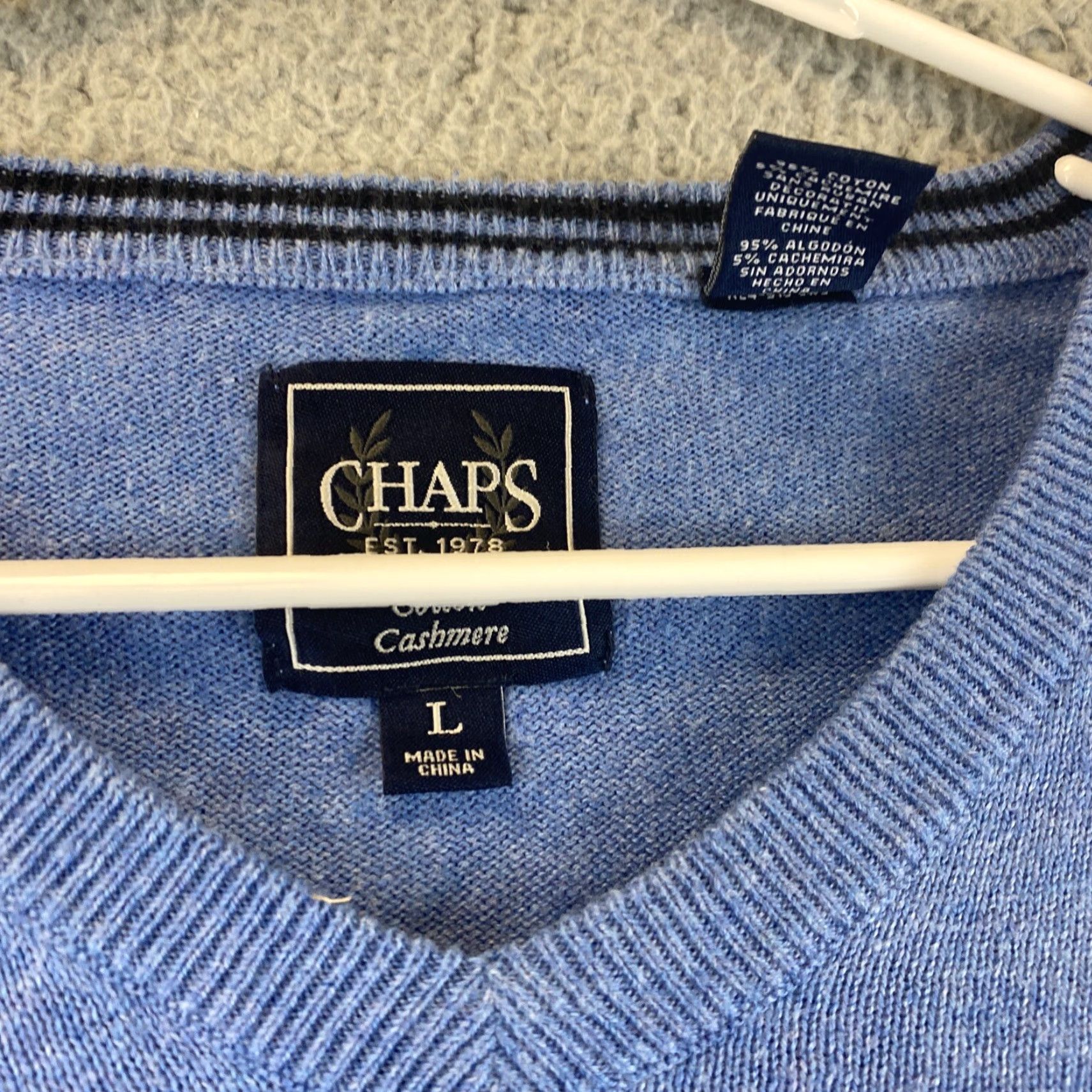 Chaps CHAPS Sweater Mens Large V-Neck Pullover Long Sleeve Plaid Blue Cashmere Cotton Blend Regular Knit Logo - 66-1 Size US L / EU 52-54 / 3 - 3 Thumbnail