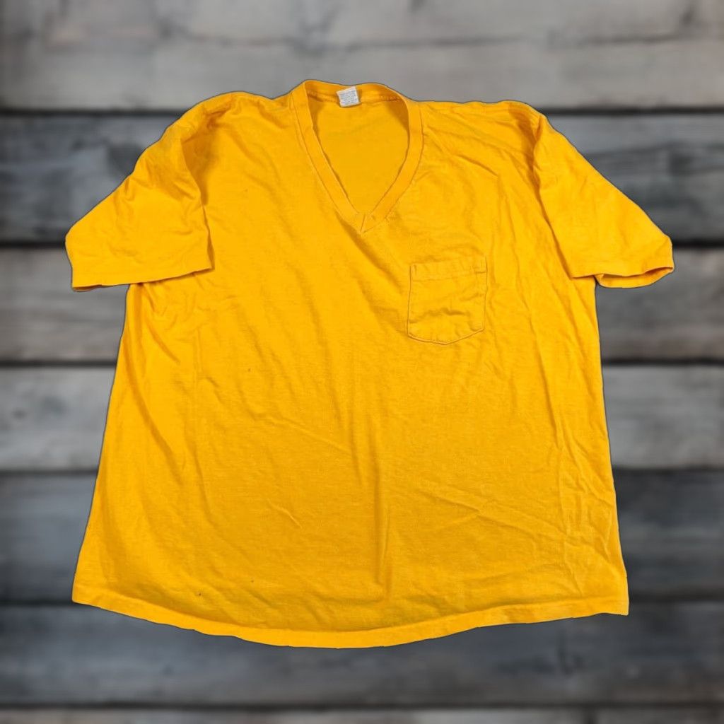 Vintage VINTAGE Distressed 90s V-Neck T-Shirt Adult 2XLT Dark Yellow Single Stitch Cotton Mens Size US XXL / EU 58 / 5 - 1 Thumbnail