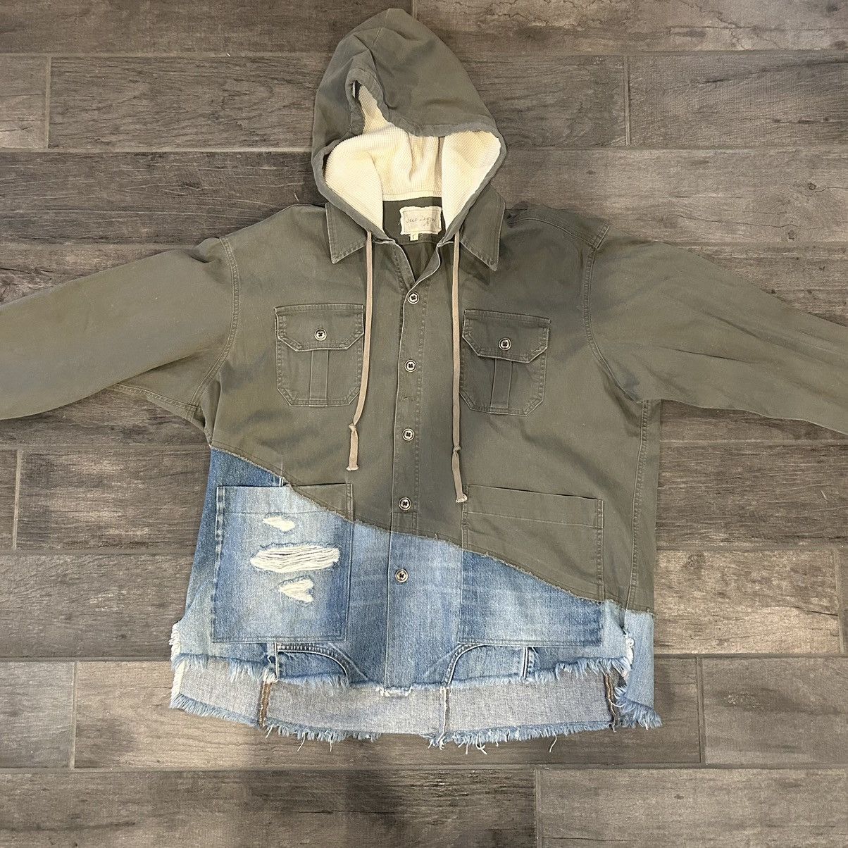 image of Greg Lauren Hooded Boxy Studio 50/50 In Olive Drab & Blue Denim, Men's (Size 2XL)