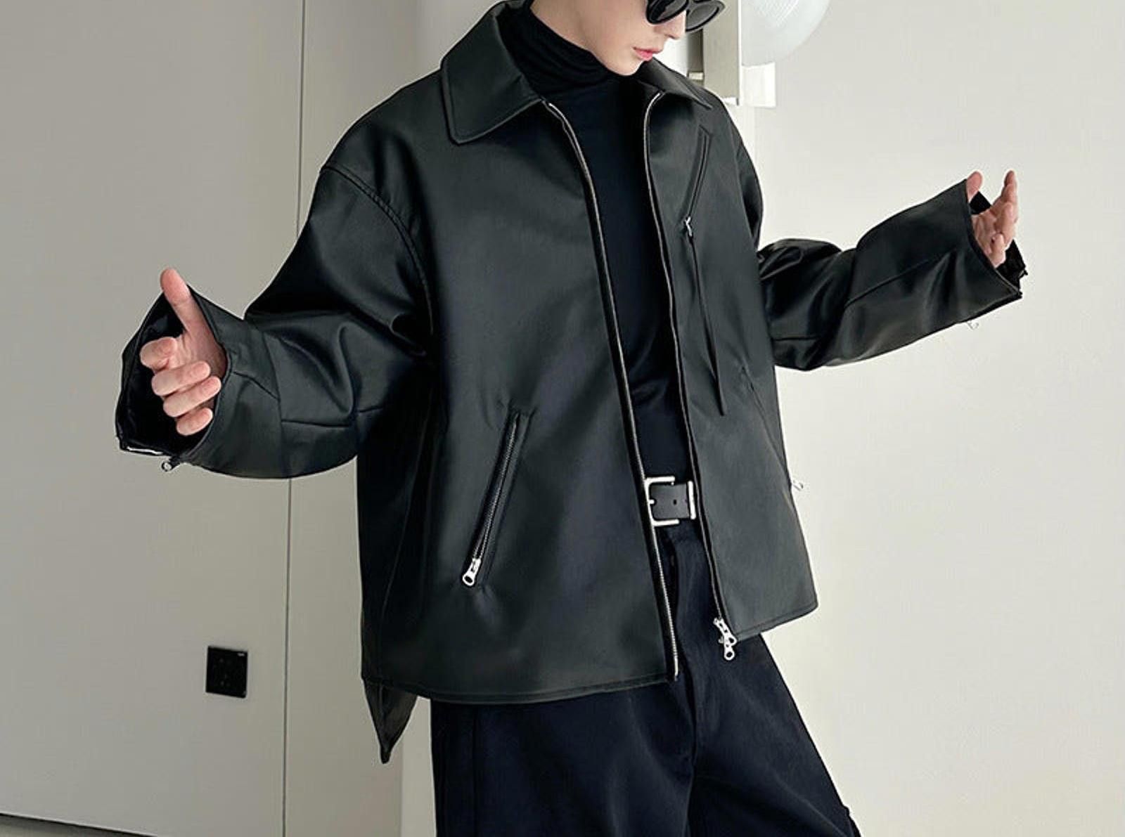 Leather Black Oversized Leather Jacket, Men's Zip-Up Outerwear Size US M / EU 48-50 / 2 - 3 Thumbnail
