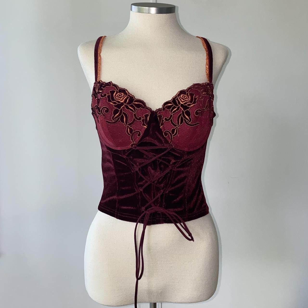Vintage Red velvet flower embroidered vintage corset Size S / US 4 / IT 40 - 1 Thumbnail