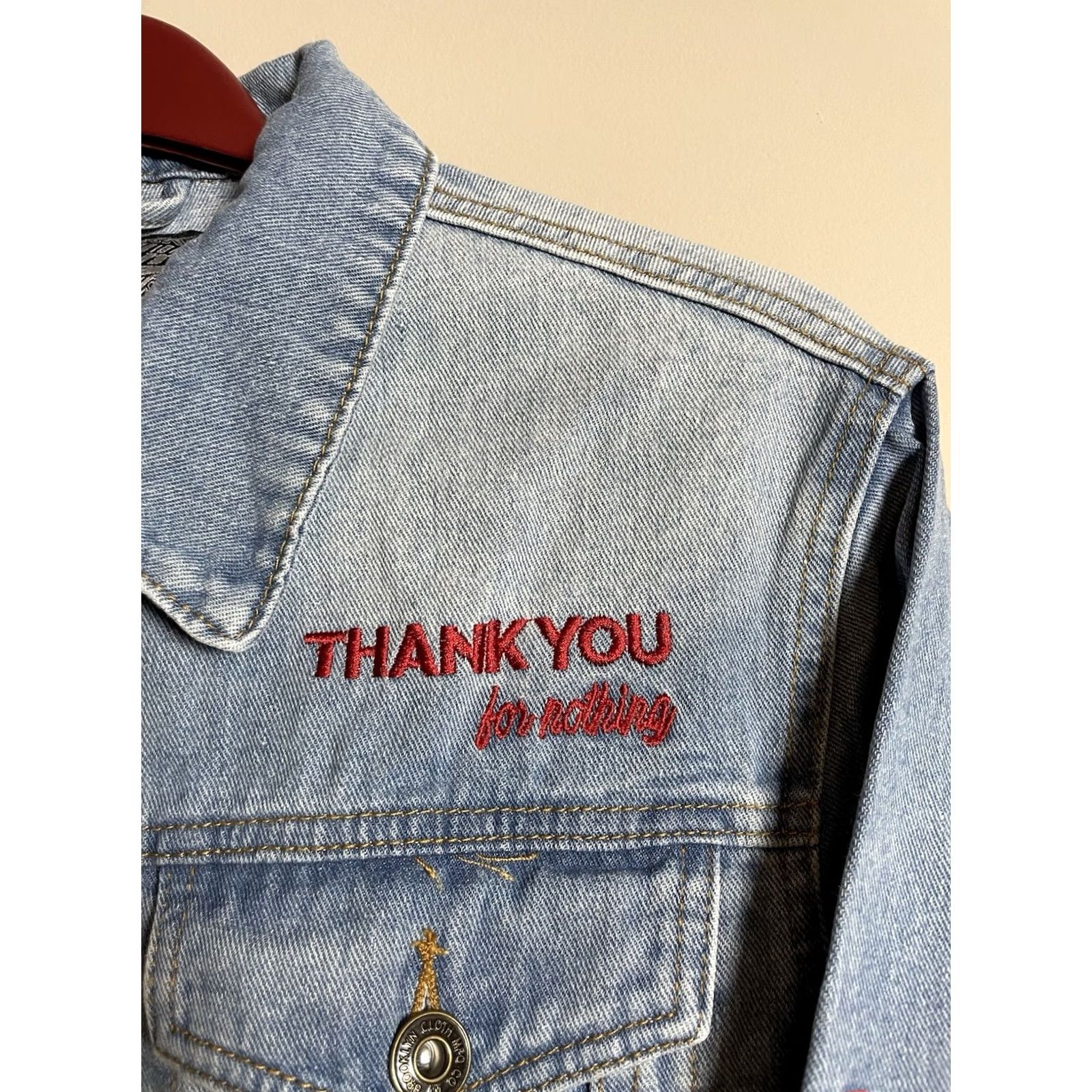 Denime VINTAGE Brooklyn Cloth Denim Jacket Thank You For Nothing Blue Jean Women’s M Jacket Womens Denim 80s 90s City Hip Hop Quotes Bl u e Jeans Size 32" / US 10 / IT 46 - 3 Thumbnail