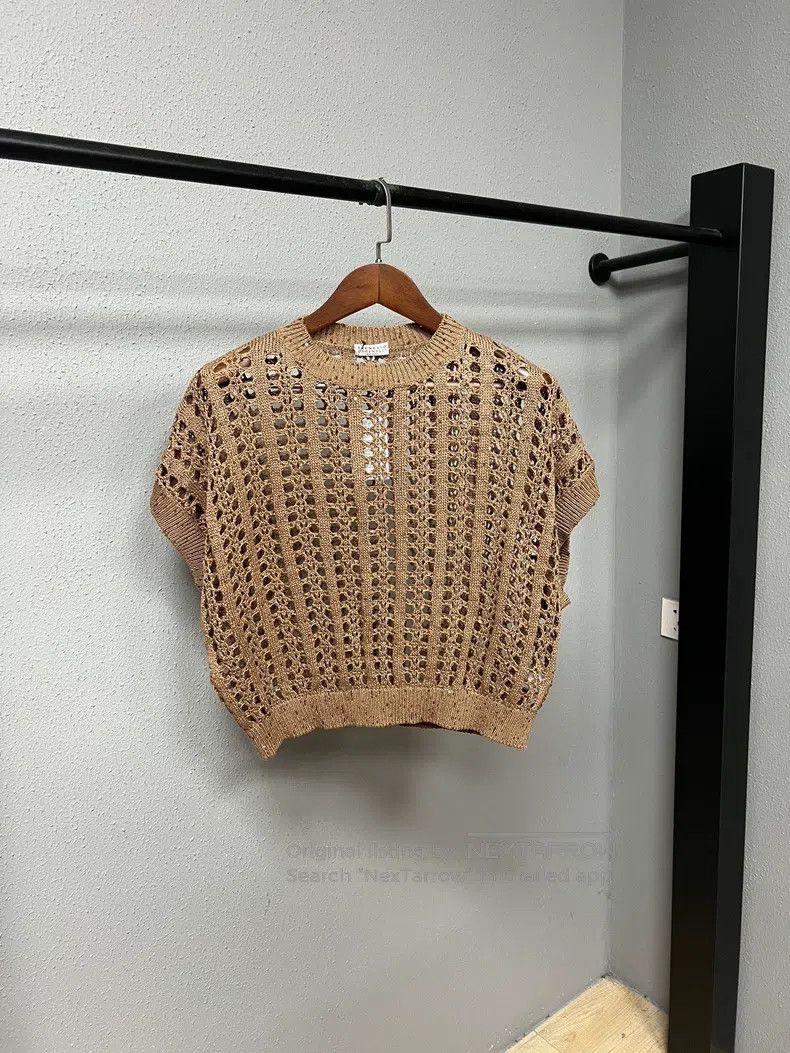 Brunello Cucinelli Brown Crochet Sequined Vest Knit Sweate