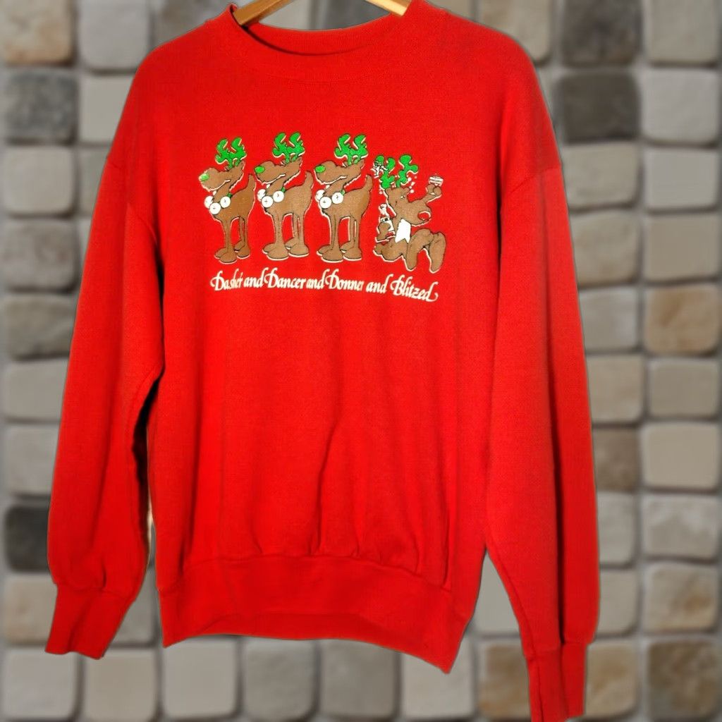 Vintage VINTAGE TNT by Trau Loevner Reindeer Christmas Sweatshirt XL Red Crewneck Mens Pullover Knit Graphic Print Funny Size US XL / EU 56 / 4 - 1 Thumbnail