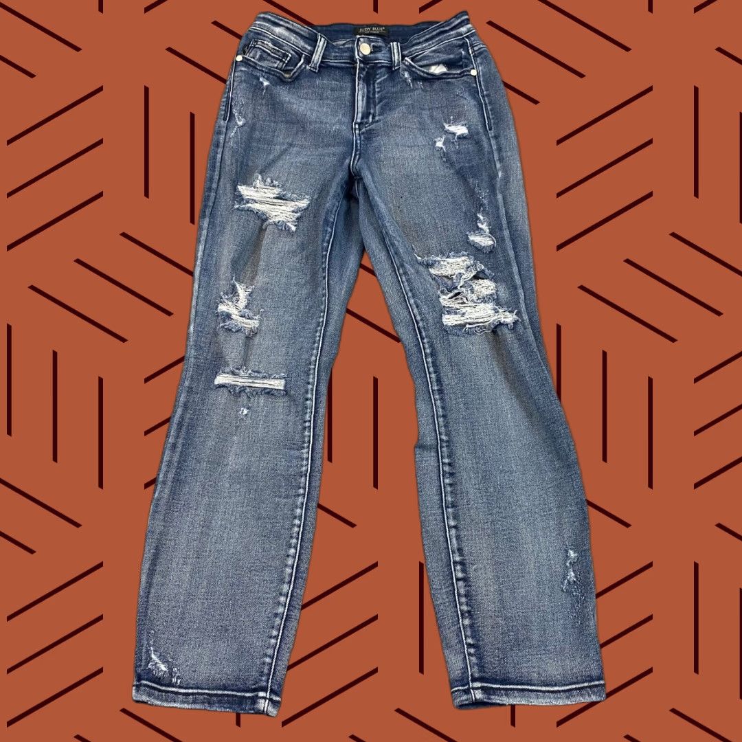 Denime Judy Blue Boyfriend Fit Jeans Womens 3/26 Medium Blue Distressed Denim Pants Size 26" / US 2 / IT 38 - 1 Thumbnail