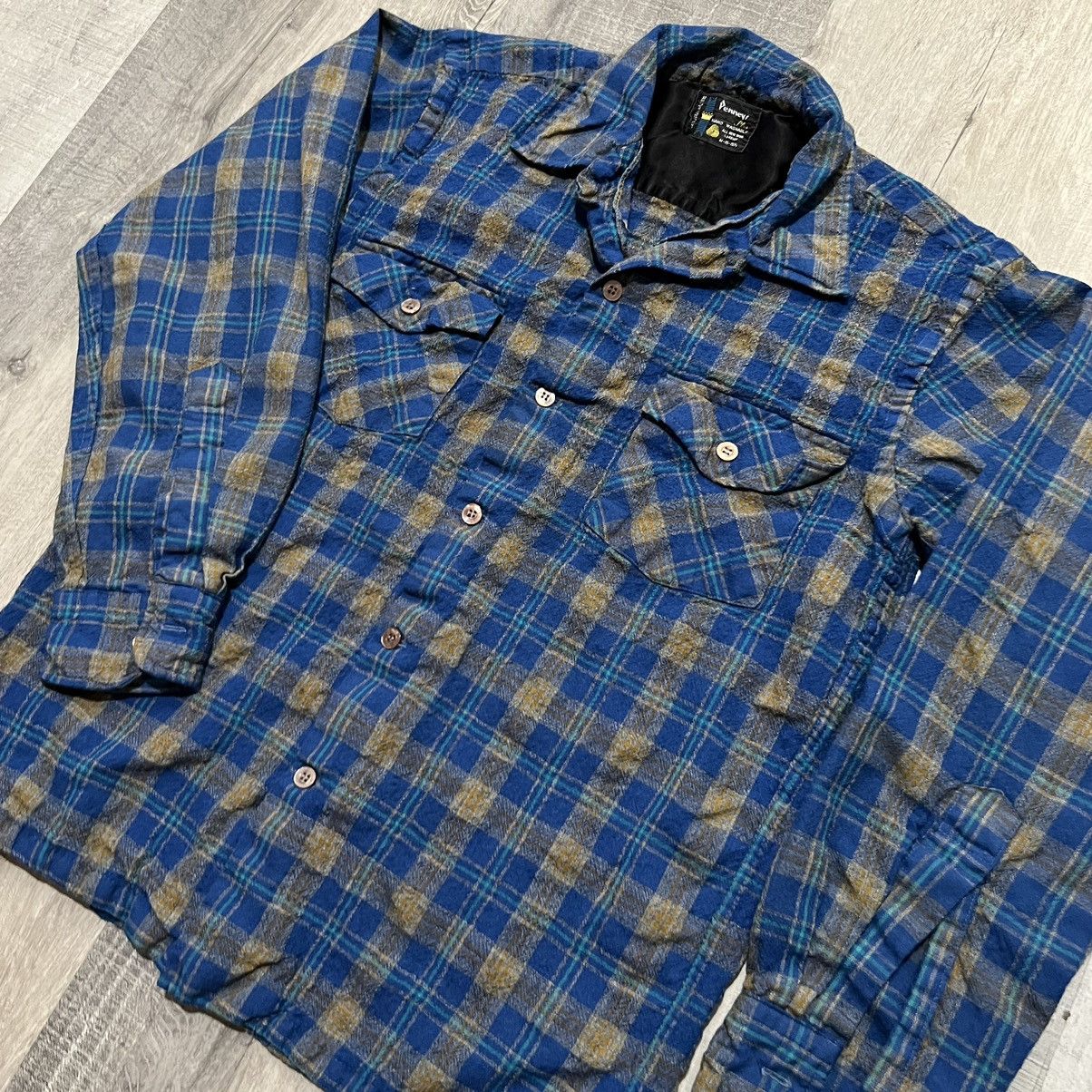 JCPenney × Vintage VTG Penneys Plus Blue Plaid Loop Collar 60s Flannel Shirt Size US M / EU 48-50 / 2 - 4 Thumbnail