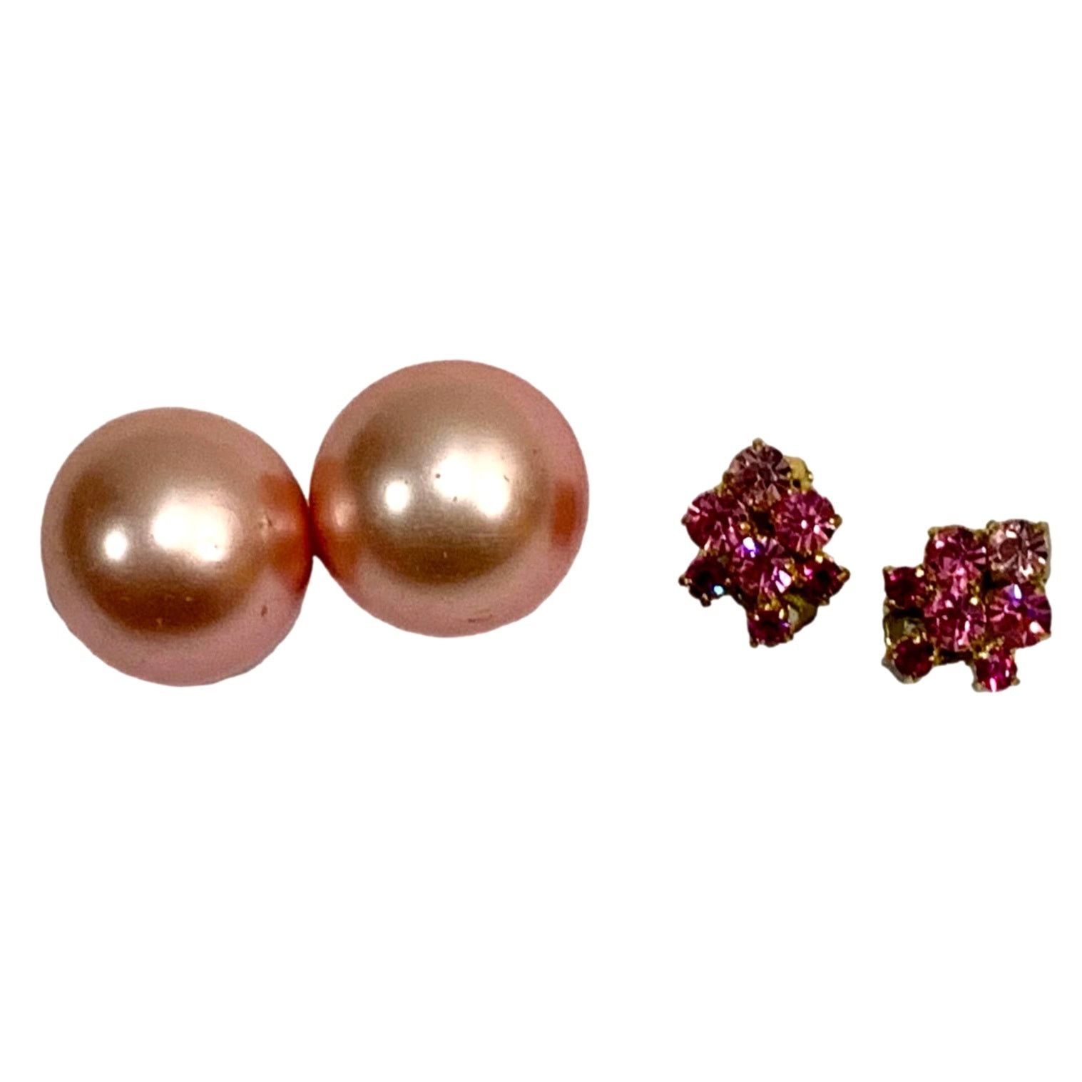 Vintage 2 Pair Pink 50s Earrings Austria Rhinestone Japan Dome Size ONE SIZE - 9 Thumbnail