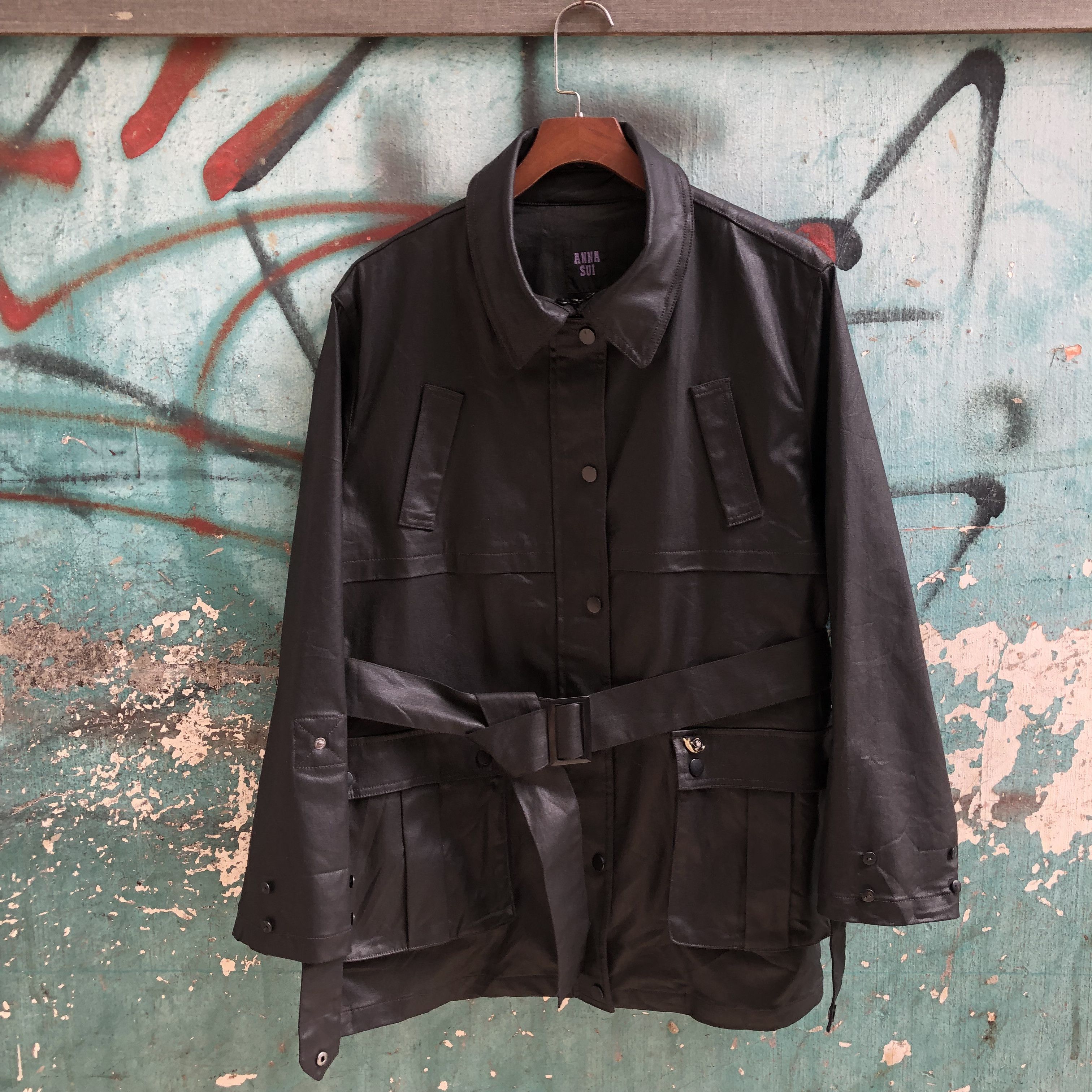 Anna Sui Vintage Anna Sui Waxed Cotton Belted Jacket Coat Black Size L / US 10 / IT 46 - 1 Thumbnail