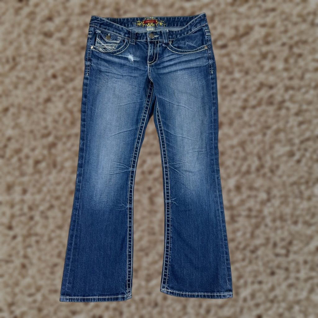 Vintage Maurices Jeans Women 11 Blue Denim Flare Low Distressed Cotton 32x29 Jeans Size 32" / US 10 / IT 46 - 1 Thumbnail