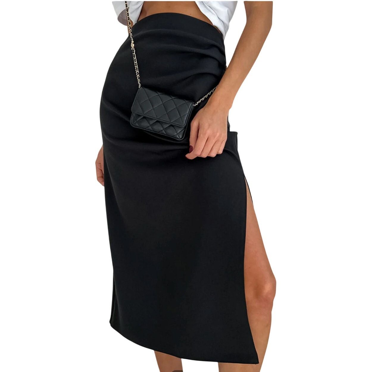 Other Commense Black Solid Utility Ruched Split Woven Midi Skirt Size 26" / US 2 / IT 38 - 1 Thumbnail