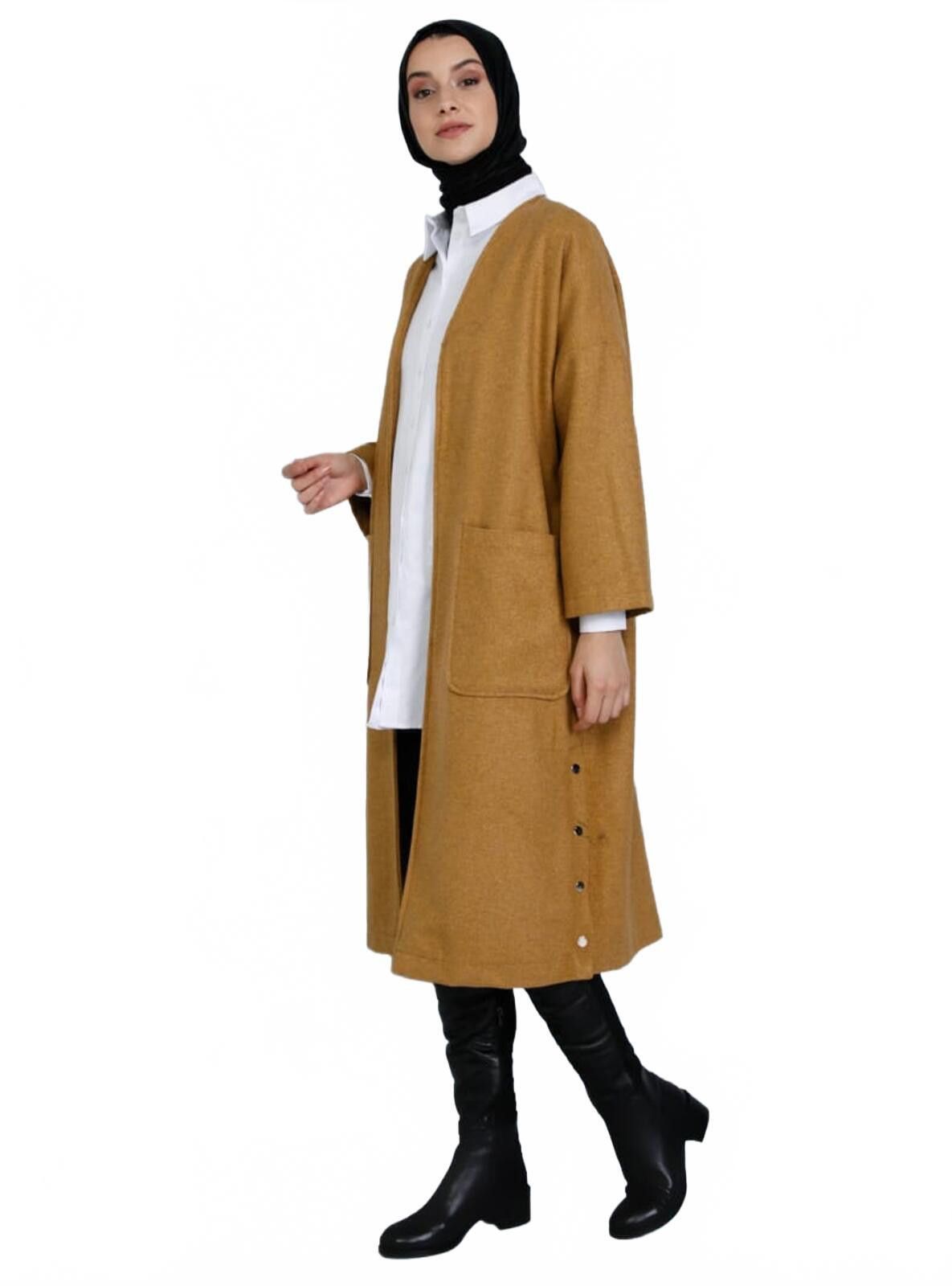 The Unbranded Brand Long Camel Open Front Cardigan Coat with Side Button Detail Size XXL / US 16-18 / IT 52-54 - 3 Thumbnail