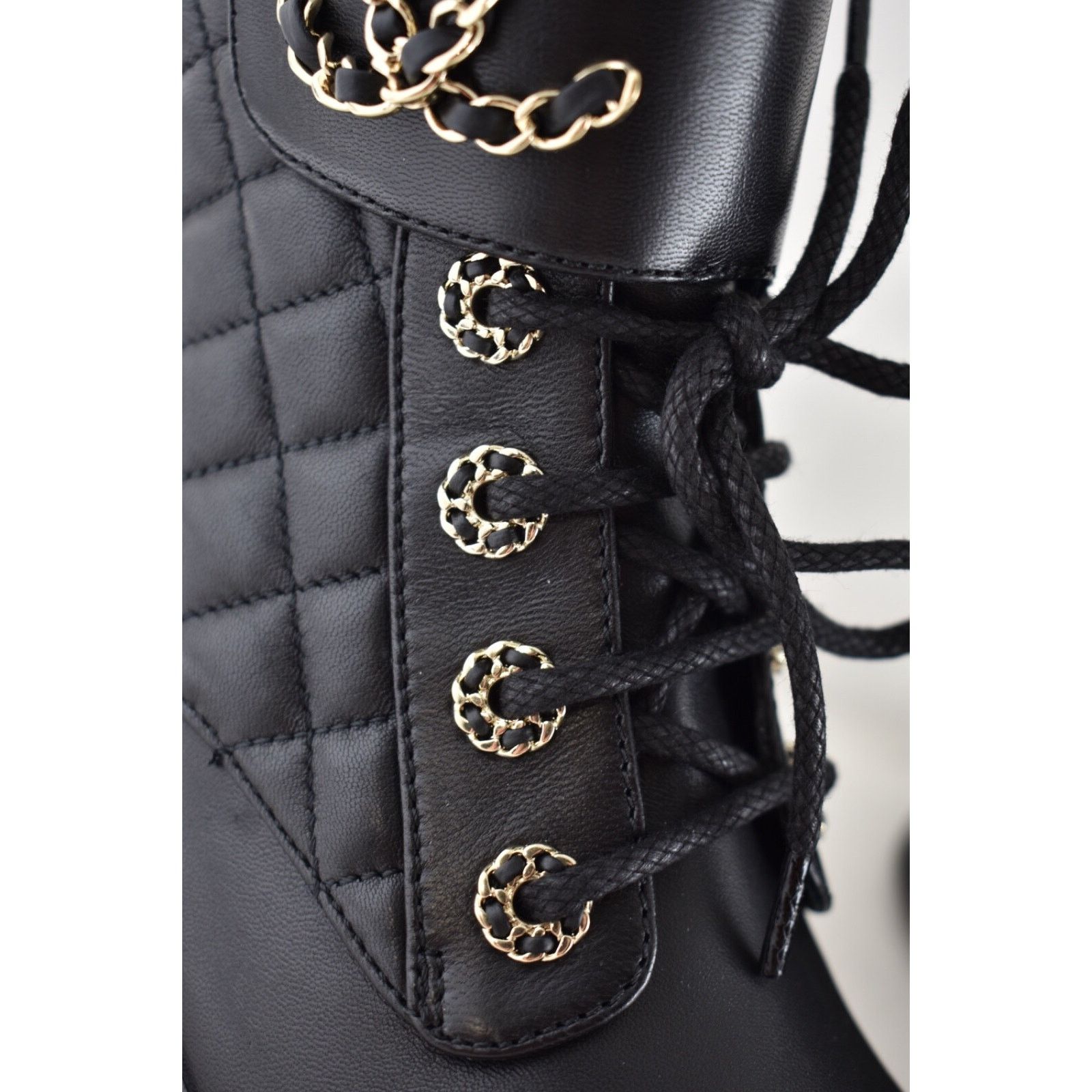 Chanel Chanel 21A Black Quilted Gold CC Chain Combat Lace Up Size US 12 / IT 42 - 7 Thumbnail