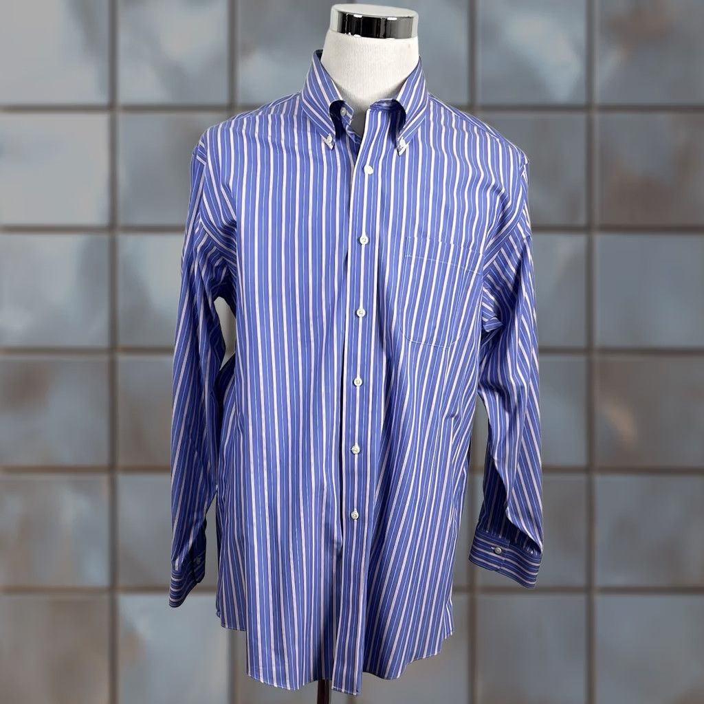 Brooks Brothers Brooks Brothers Dress Shirt Slim 17.5 34 Non-Iron Striped Button-Down Blue Red White, 100% Cotton, Regular, Mens Size 48R - 1 Thumbnail