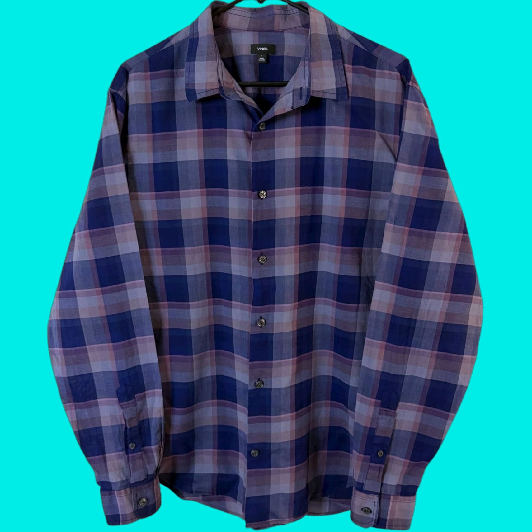 Vince Vince Button-Up Shirt Plaid Long Sleeve Blue 100% Cotton Men’s Large L, Casual Business, Preppy, City Style Size US L / EU 52-54 / 3 - 1 Thumbnail