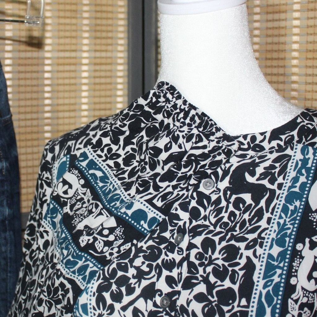 Loft LOFT Navy White & Teal Blouse with Woodland Creatures Motif Size XS / US 0-2 / IT 36-38 - 7 Thumbnail
