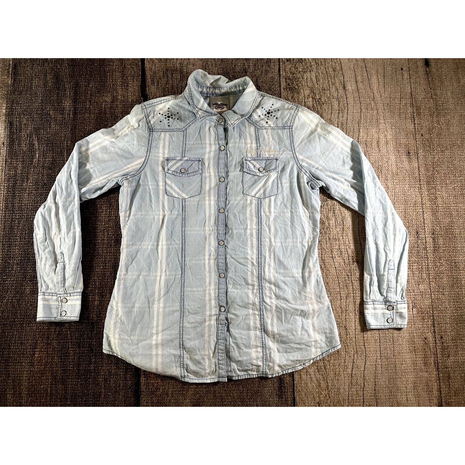 Harley Davidson Harley Davidson Womens Blue Large Button Down Pocket Shirt Size L / US 10 / IT 46 - 3 Thumbnail