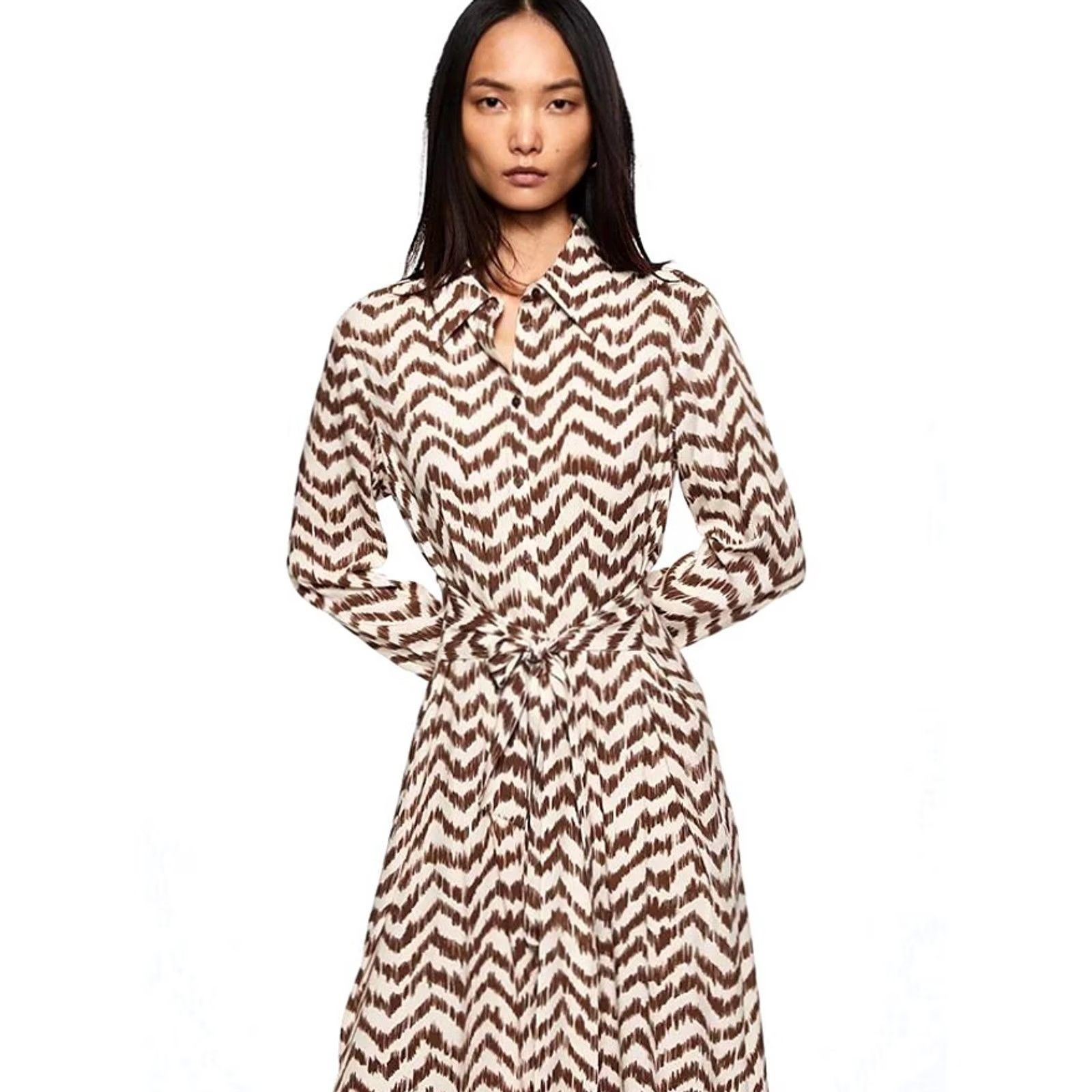 Mango Mango MNG Grape Geometric Midi Shirt Dress Brown Ivory Women's Size 20 Plus NWT Fashion Shirt Dress Womens Size 3XL / US 20-22 - 3 Thumbnail
