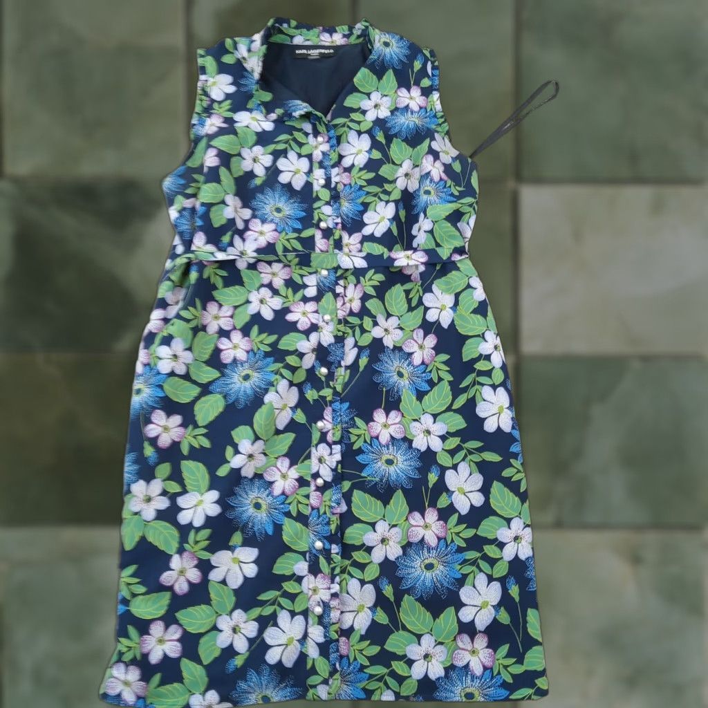 Karl Lagerfeld Karl Lagerfeld Dress Womens Size 14 Blue Floral Button Front Belted Sleeveless Shirt Dress Size XL / US 12-14 / IT 48-50 - 1 Thumbnail