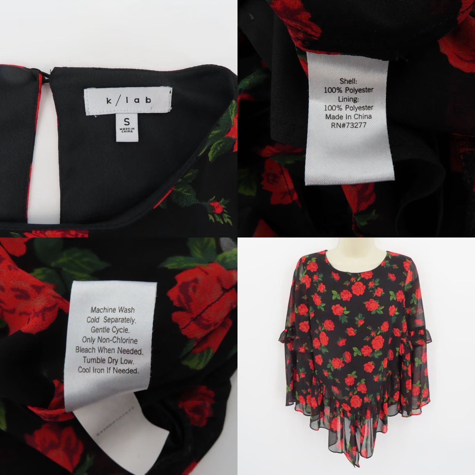 Vintage K/Lab Women Small Red Rose Flower Sheer Ruffle Long Sleeve Shirt Top Blouse Size S / US 4 / IT 40 - 8 Thumbnail