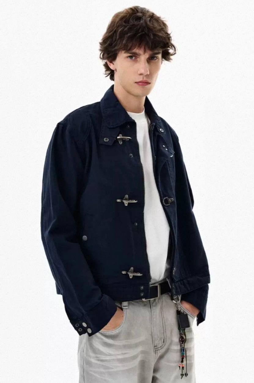 Vintage Classic Designer Denim Jacket With Airplane Buckle Retro in Blue, Men's