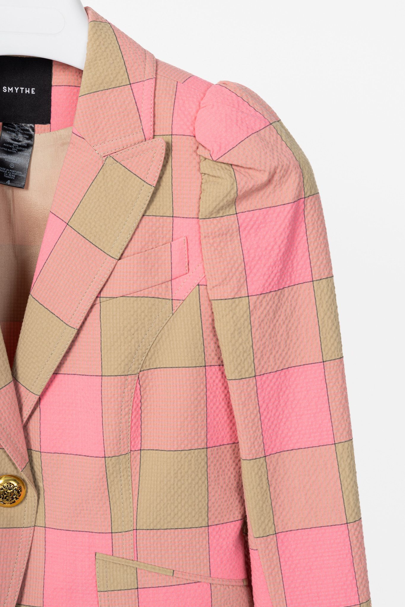 SMYTHE Smythe Pink Check Seersucker Pouf Sleeve One Button Blazer Size S / US 4 / IT 40 - 5 Thumbnail