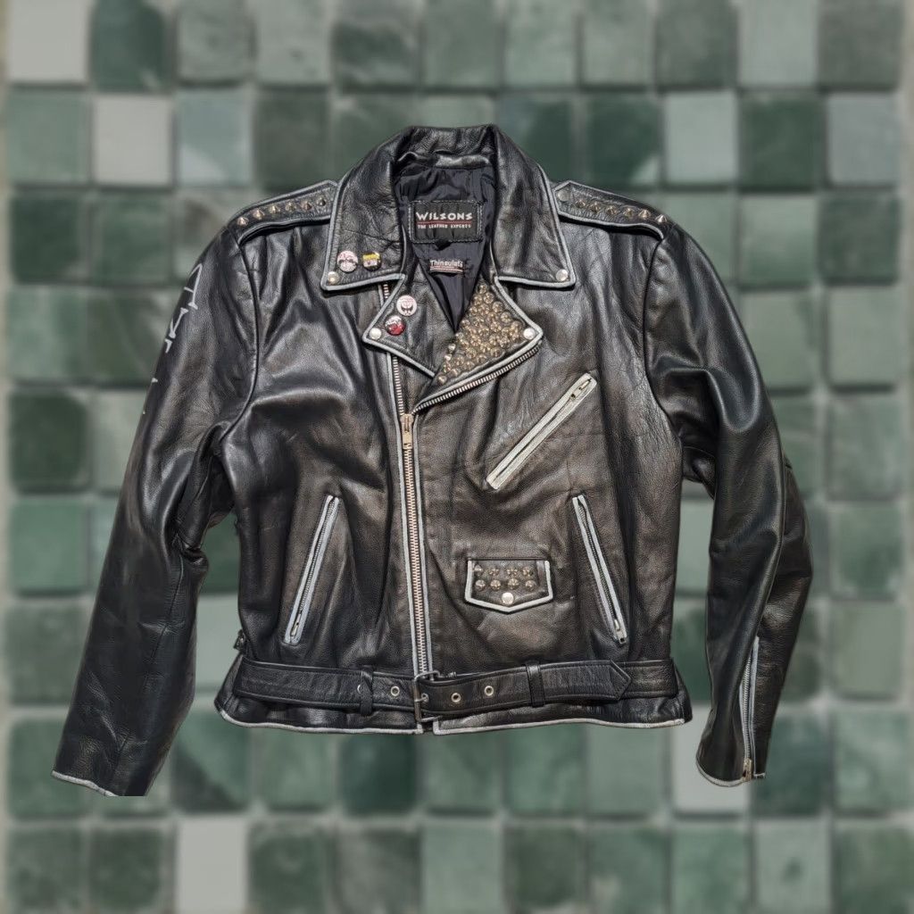 Wilson VINTAGE WILSON PUNK METAL TRASH PAINT MOTORCYCLE LEATHER JACKET XLARGE Jacket Mens Leather Black 90s Size US XL / EU 56 / 4 - 1 Thumbnail