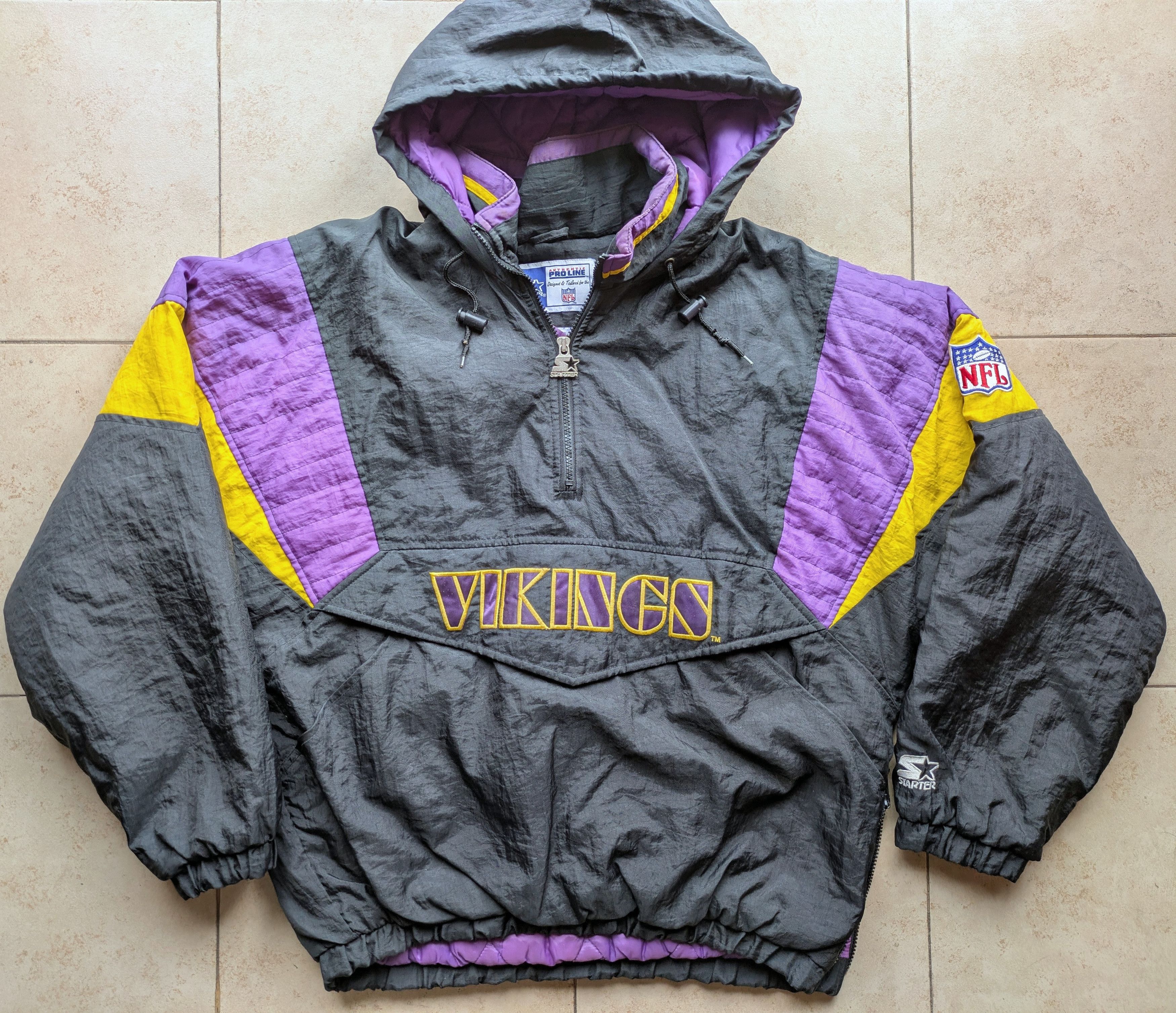 Starter Minnesota Vikings 90s STARTER 1/2 puffer M blk NFL Pro vtg Size US L / EU 52-54 / 3 - 1 Thumbnail