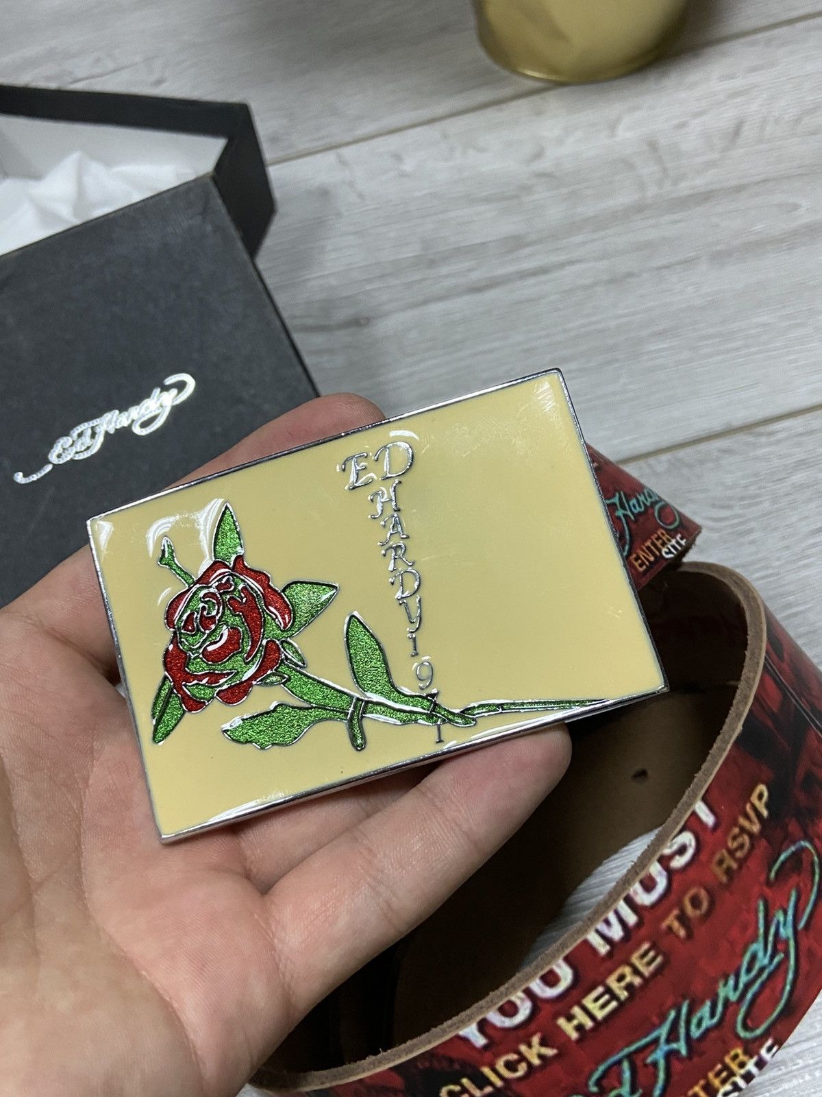 Christian Audigier × Ed Hardy × Vintage Ed Hardy rose 🌹 vintage leather belt over print big buckle Size ONE SIZE - 3 Thumbnail