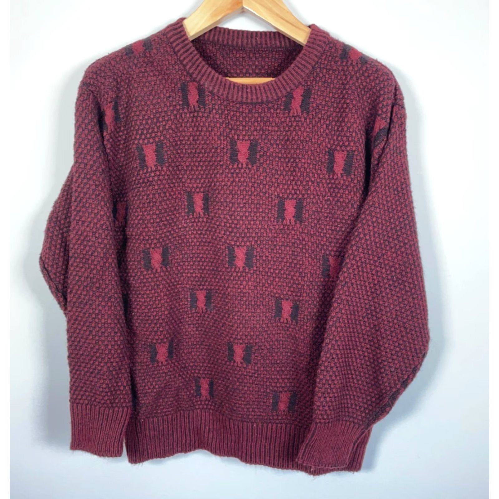Vintage VINTAGE 90s Textured Knit Sweater Mens Large Red Black Geometric Pattern Dad Style Pullover Knit Heavyweight Crew Neck Casual Size US L / EU 52-54 / 3 - 2 Thumbnail