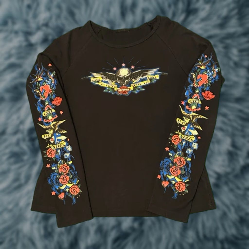 VINTAGE Harley-Davidson Tattoo 100 Years Long Sleeve Shirt Womens M Black 2006 Y2K Hip Hop Punk Grunge Motorcycle Spider Web Sleeve Hit Mens Girls?