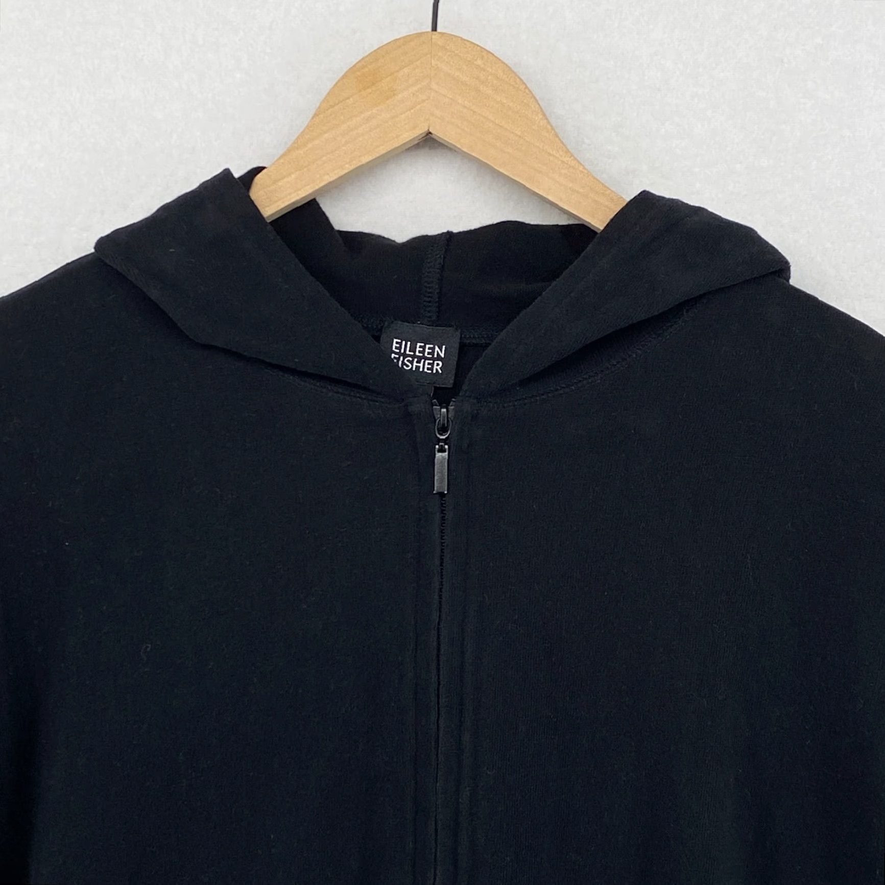 EILEEN FISHER Jacket L Hoodie Black Heavy Brushed Jersey Cotton Full Zip Boxy Hooded Pockets All Seasons