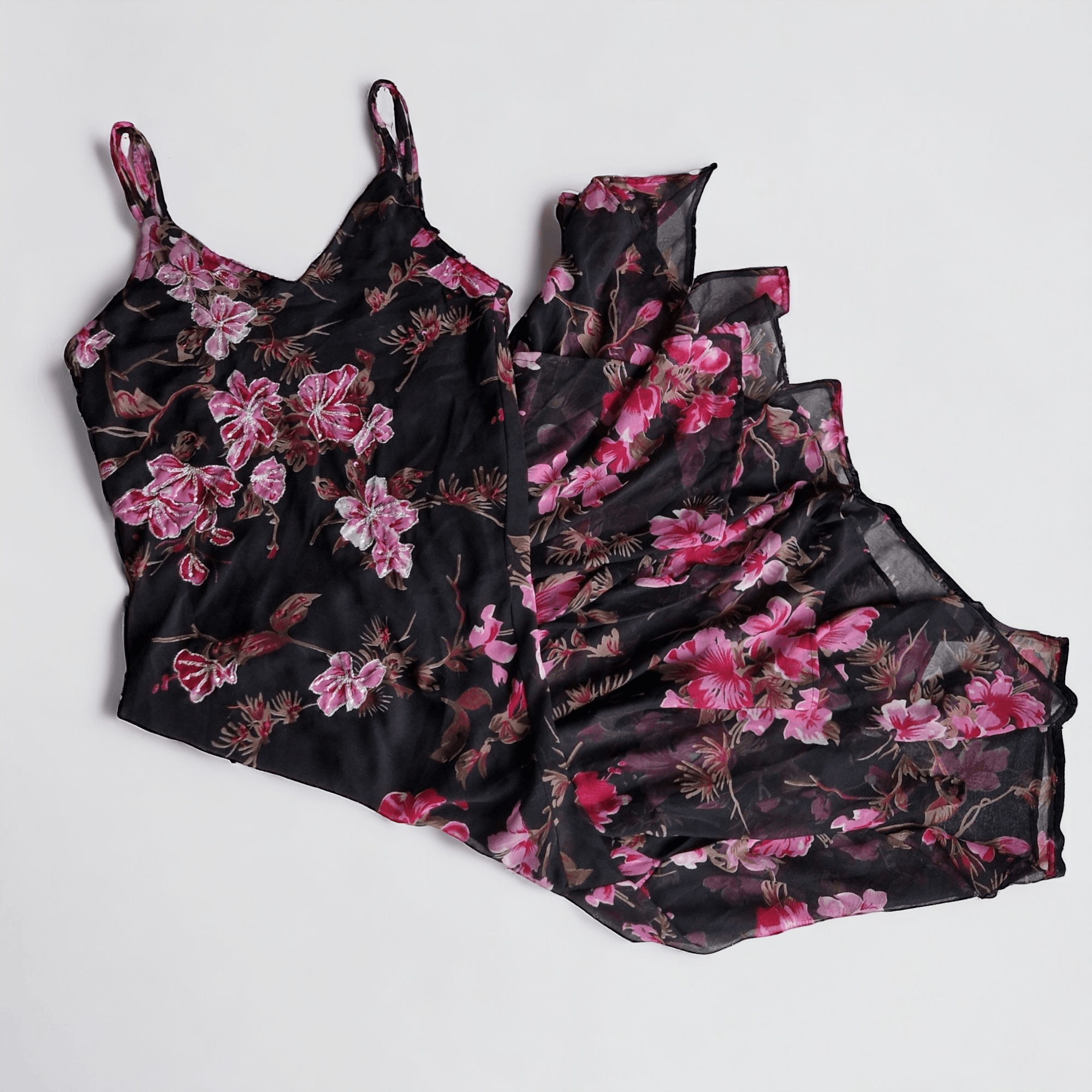 image of Italian Designers Fairygrunge Black Sheer Floral Maxi Dress - M, Whimsygoth in Black/Pink, Women's 