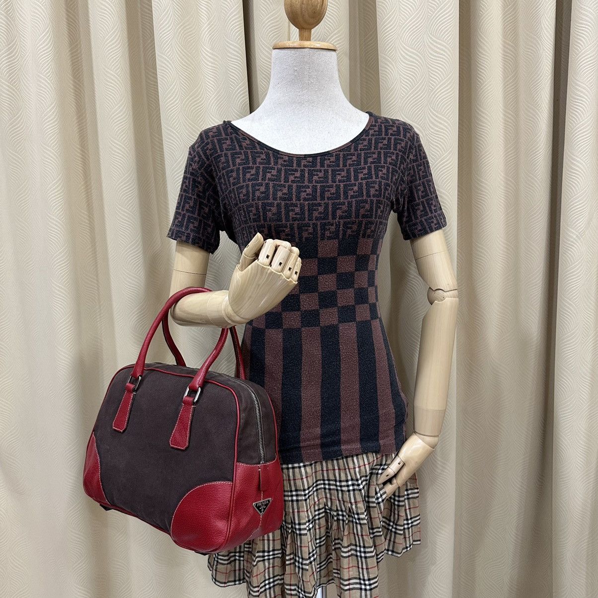 Prada PRADA BOWLING MINI BOSTON BAG BROWN CANVAS RED TRIM LEATHER Size ONE SIZE - 1 Thumbnail