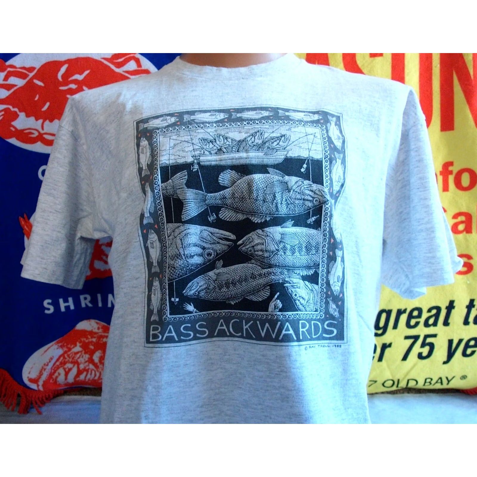 Lee RAY TROLL Bass Ackwards 1988 VTG Graphic T Shirt Men's XL Lee Gray Cotton Short Sleeve Vintage 80s Marine Art Nautical Fish Outdoors Mens XL Size US XL / EU 56 / 4 - 2 Thumbnail