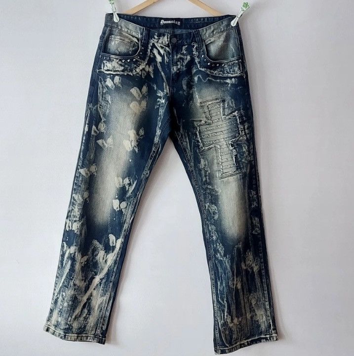 Pre-owned Avant Garde X Vintage Denim Distressed Opium Y2k Jeans Embroidered Cross In Blue