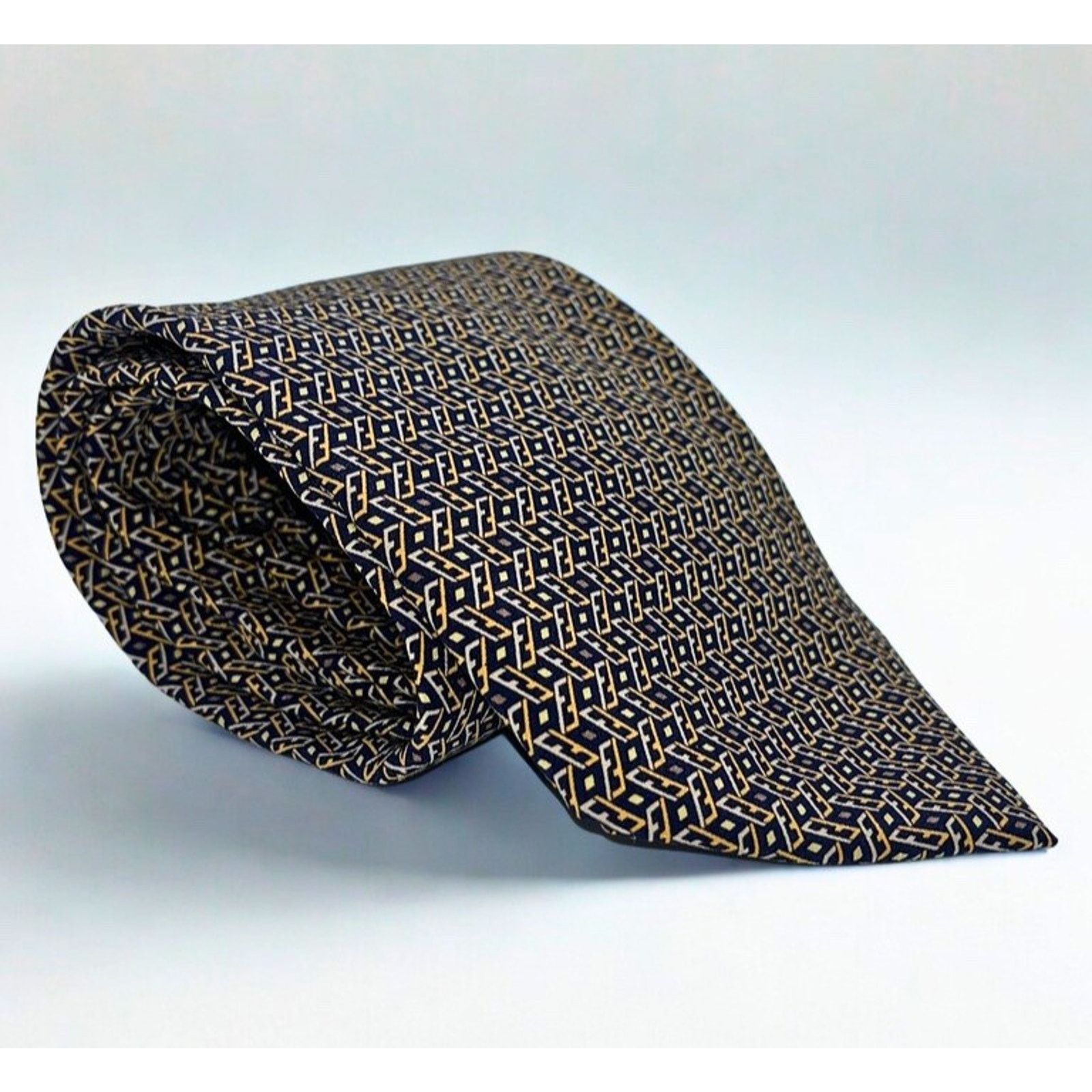 Fendi Fendi Cravatte Vintage Silk Tie Navy Gold All Over FF Logo Size ONE SIZE - 4 Thumbnail
