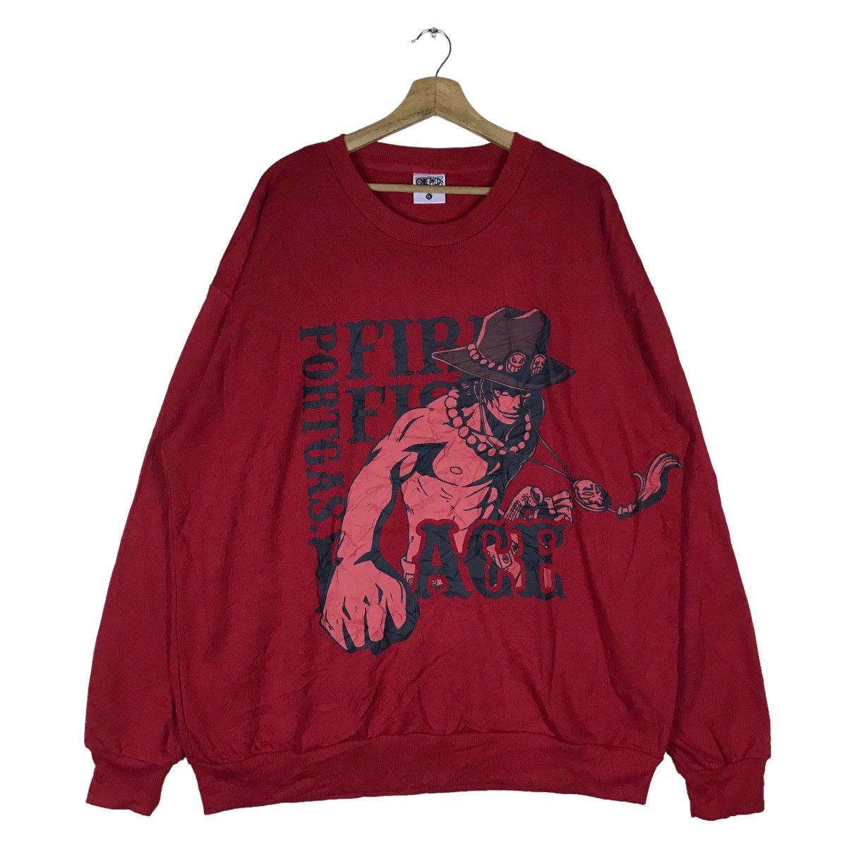 image of Vintage One Piece Anime Cartoon Character Pullover Jumper in Red, Men's (Size 2XL)