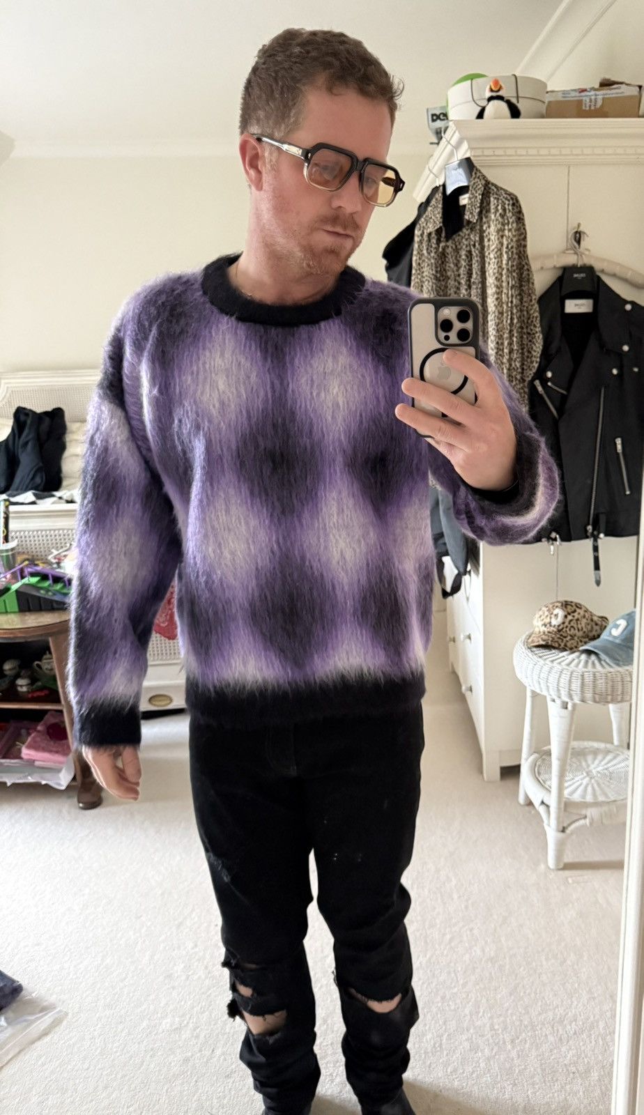 Celine $1.4k FW22 Celine argyle mohair blend fuzzy sweater L Hedi Size US L / EU 52-54 / 3 - 10 Thumbnail