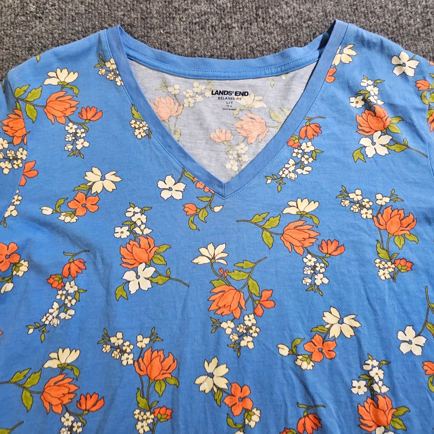 Lands' End Lands' End Top Shirt Womens Large Blue Floral V Neck Long Sleeve Stretch Casual Blouse Size L / US 10 / IT 46 - 2 Thumbnail