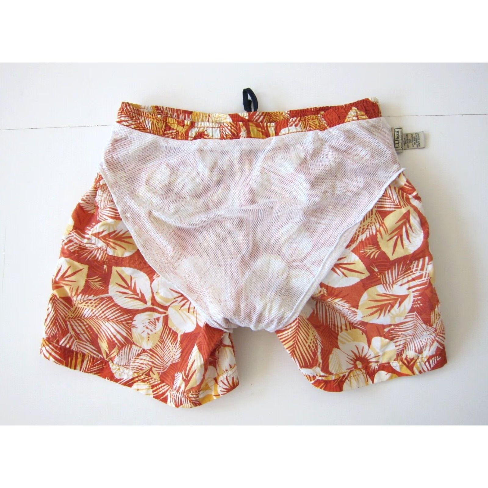 Vintage L.L. Bean Orange Yellow Hawaiian Floral Beach Surf Swim Trunk Board Short Medium Size US 31 - 5 Thumbnail