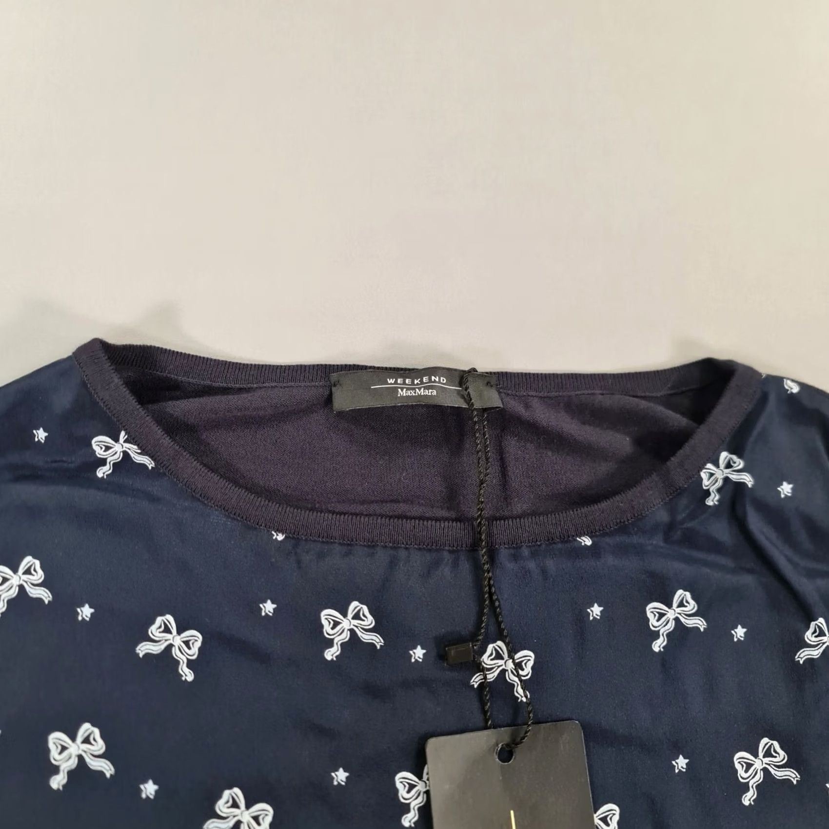 Vintage Weekend Max Mara Jumper Womens Navy Small Bow Pattern Loose Fit Knit Top Size S / US 4 / IT 40 - 2 Thumbnail