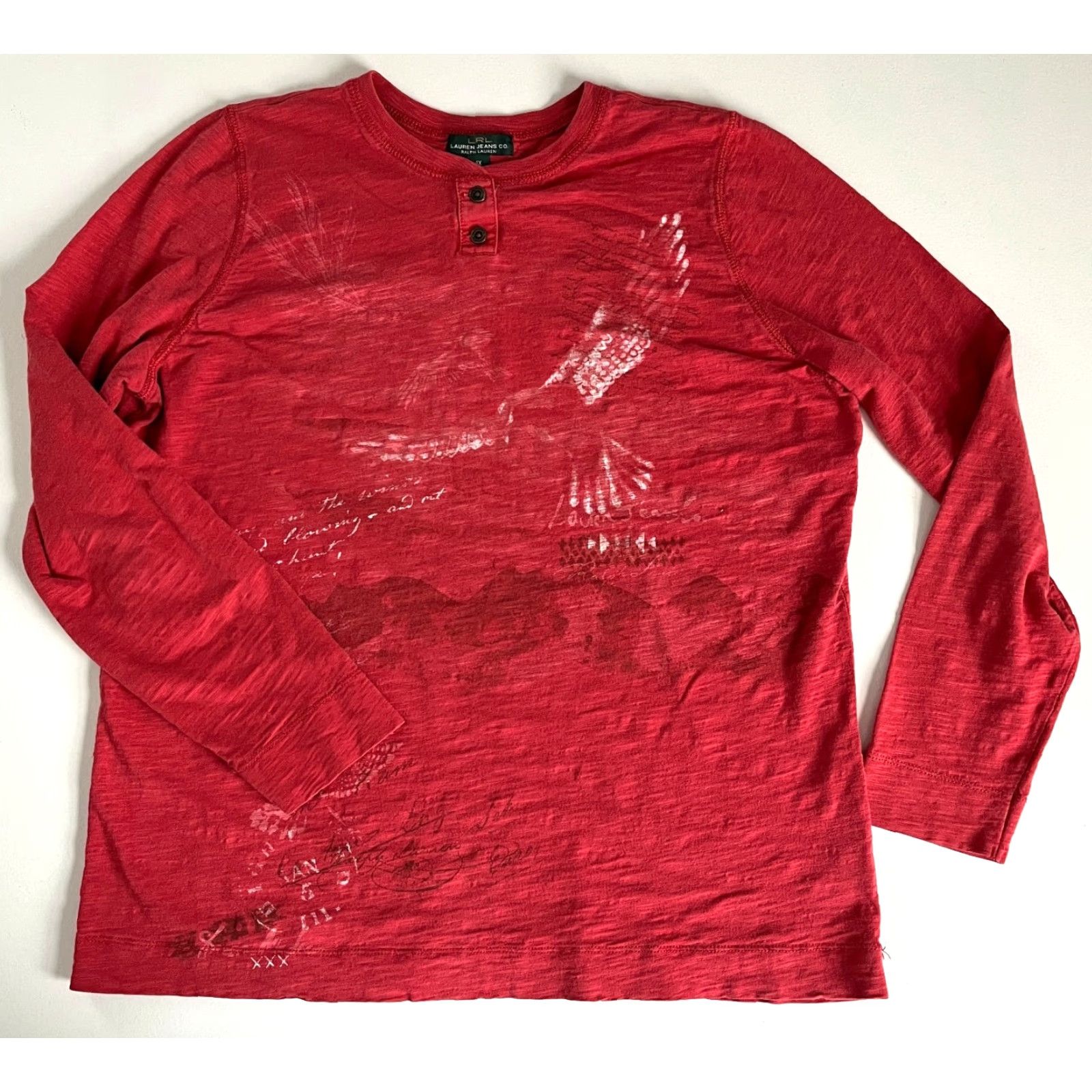 Vintage Lauren Jeans Co. Ralph Lauren Women's Long Sleeve Henley Shirt 1X Brick Red Cotton T-Shirt Casual Women Gly Gender: Womens Size XL / US 12-14 / IT 48-50 - 3 Thumbnail